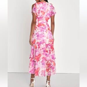 Lulus Lovable Aura Pink Floral Print Tiered Midi Wrap Dress XS